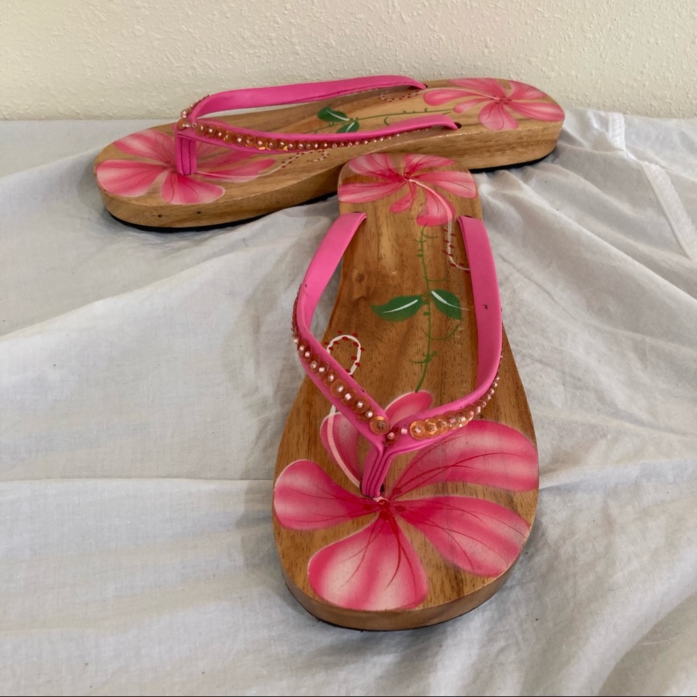 Wooden sandals with painted flowers Hibiscus Tropical Hawaii Polynesian Size XL - Picture 12 of 14